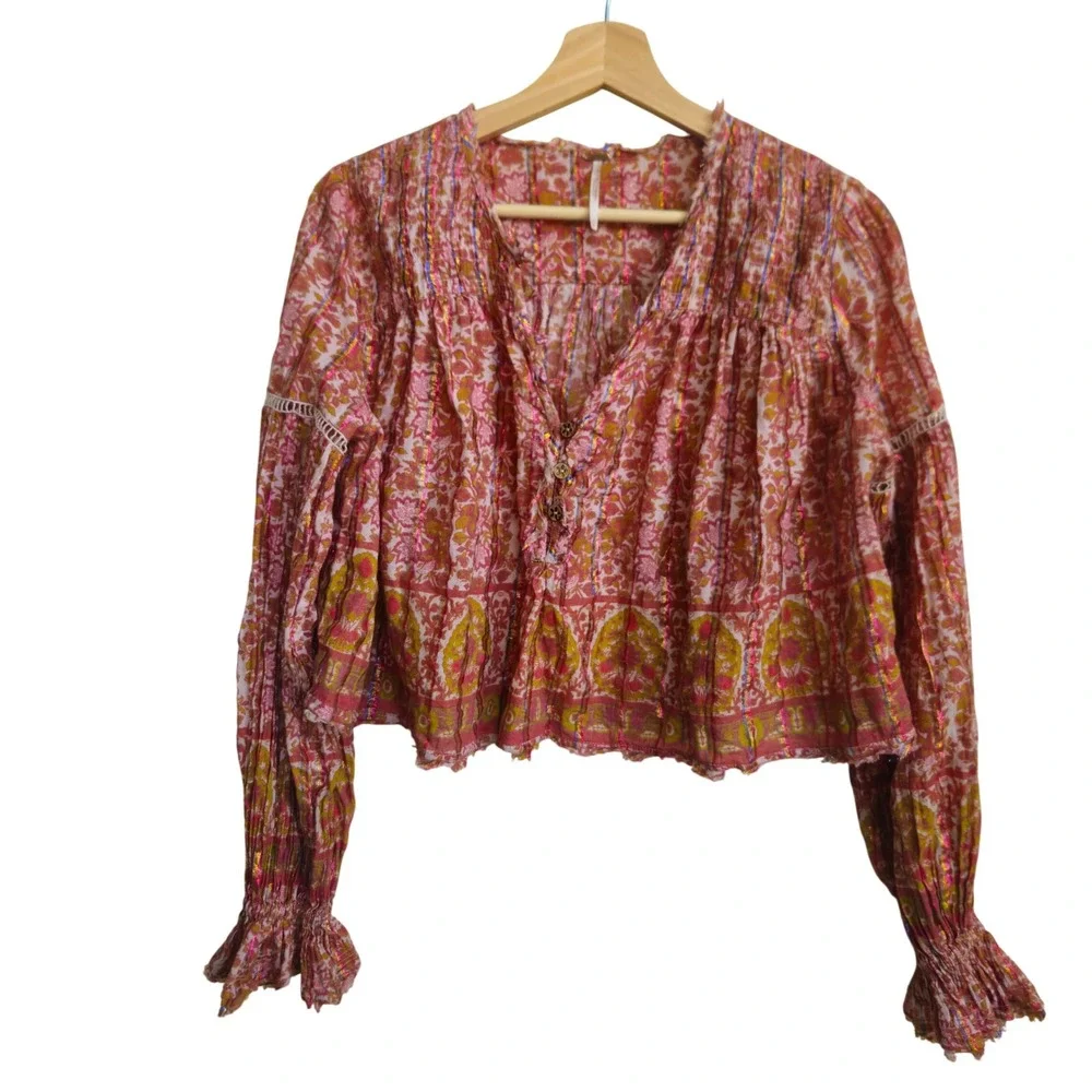 FREE PEOPLE Floral Metallic Lurex Boho Crop Top Size XS Balloon Sleeve Festival